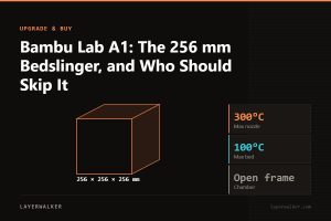 Diagram: A1 build volume 256 by 256 by 256 mm, shown against a 256 mm class reference, with max nozzle 300 C and max bed 100 C.