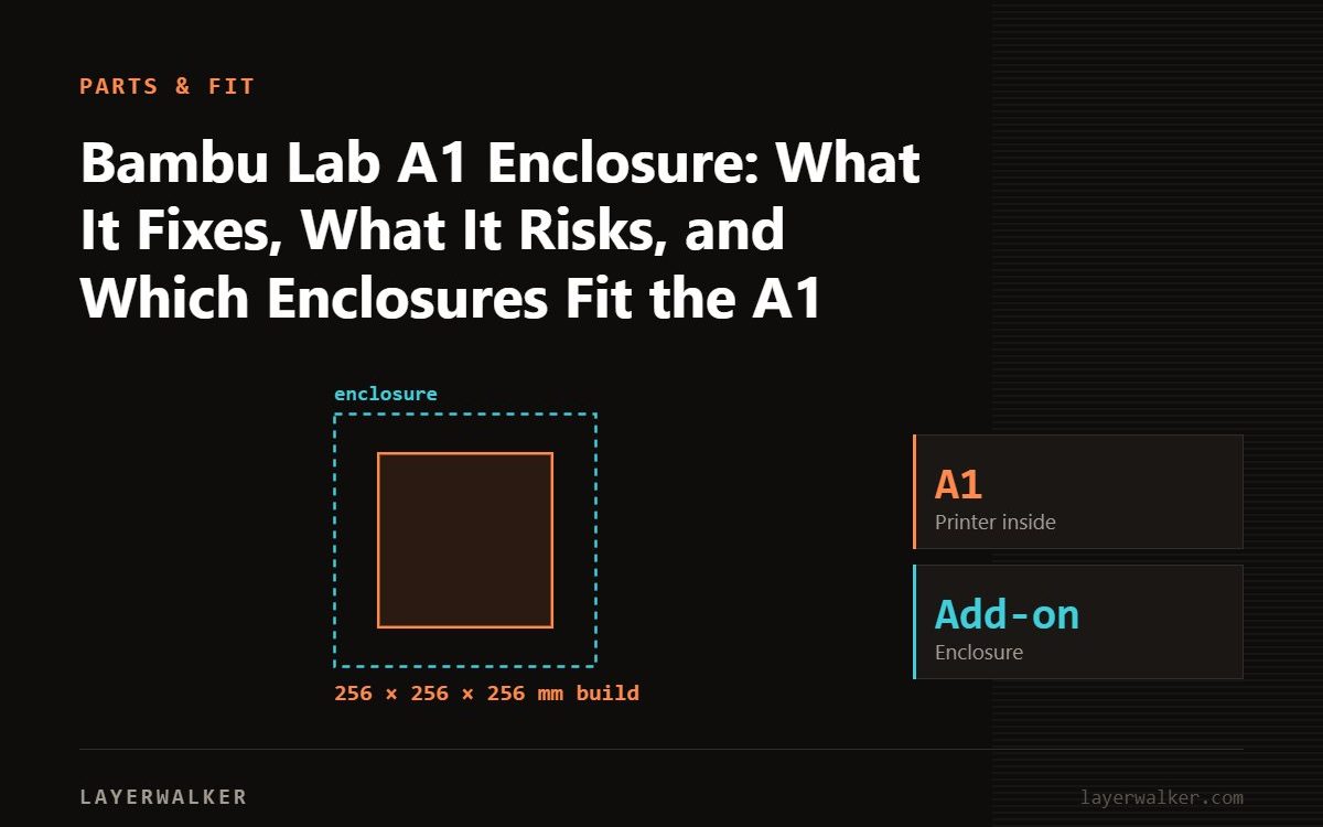 Diagram: enclosure around a A1 with a 256 by 256 by 256 mm build volume.