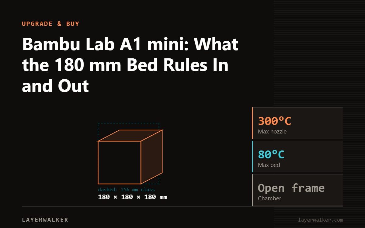 Diagram: A1 mini build volume 180 by 180 by 180 mm, shown against a 256 mm class reference, with max nozzle 300 C and max bed 80 C.