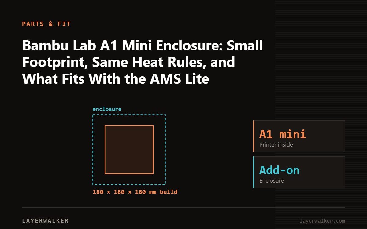 Diagram: enclosure around a A1 mini with a 180 by 180 by 180 mm build volume.