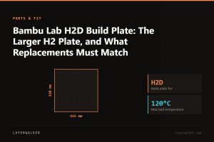 Diagram: build plate for the H2D, 325 by 320 mm, max bed temperature 120 C.