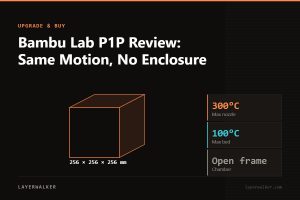 Diagram: P1P build volume 256 by 256 by 256 mm against a 256 mm class reference, with max nozzle 300 C and max bed 100 C.
