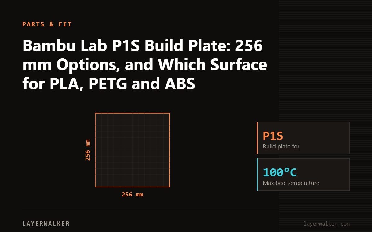 Diagram: build plate for the P1S, 256 by 256 mm, max bed temperature 100 C.