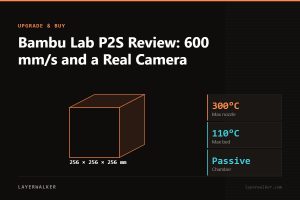 Diagram: P2S build volume 256 by 256 by 256 mm against a 256 mm class reference, with max nozzle 300 C and max bed 110 C.