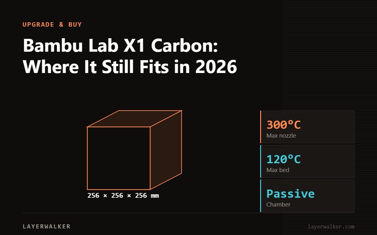 Diagram: X1 Carbon build volume 256 by 256 by 256 mm, shown against a 256 mm class reference, with max nozzle 300 C and max bed 120 C.