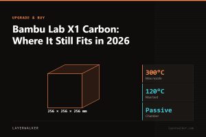 Diagram: X1 Carbon build volume 256 by 256 by 256 mm, shown against a 256 mm class reference, with max nozzle 300 C and max bed 120 C.