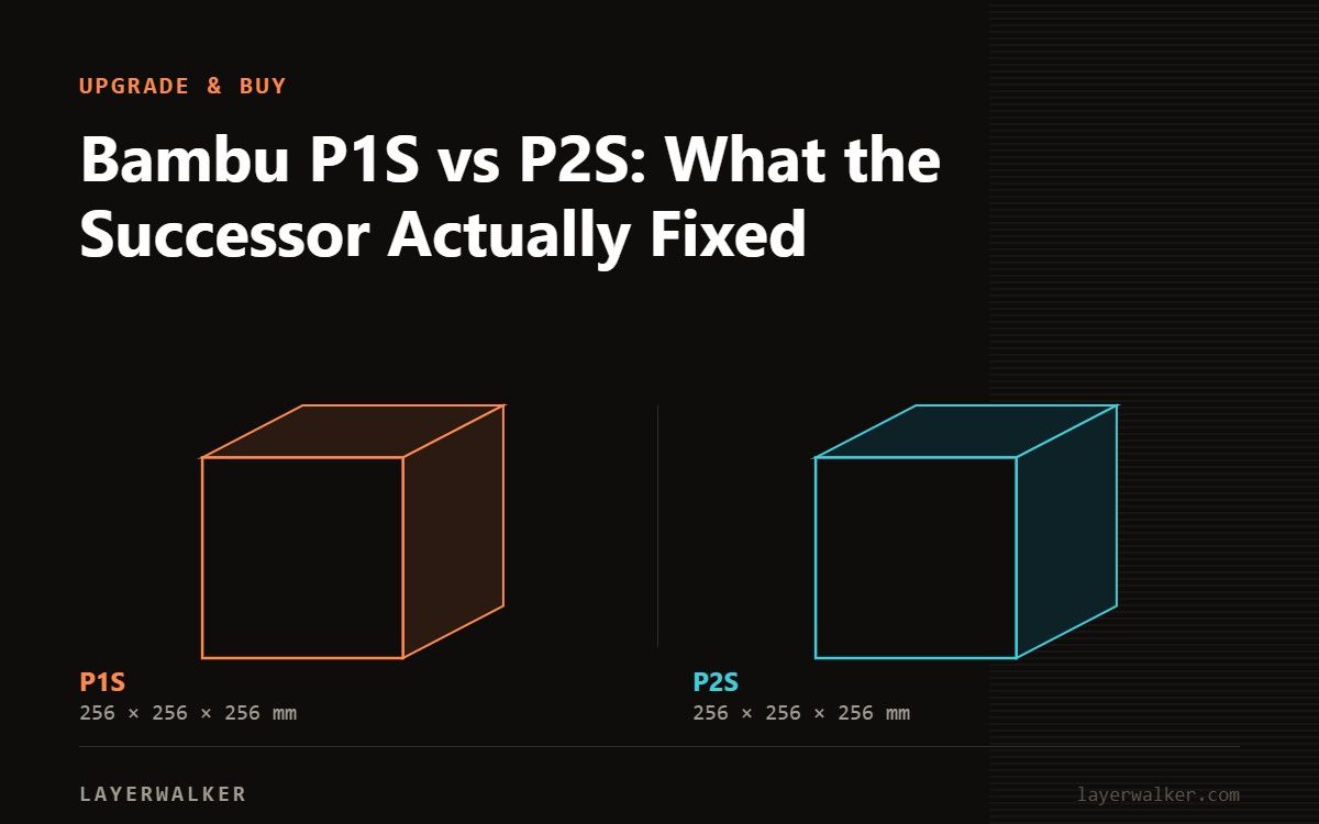 Diagram comparing build volumes at the same scale: P1S at 256 by 256 by 256 mm and P2S at 256 by 256 by 256 mm.