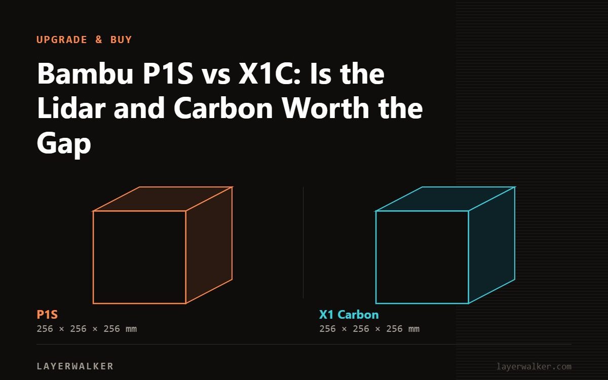 Diagram comparing build volumes at the same scale: P1S at 256 by 256 by 256 mm and X1 Carbon at 256 by 256 by 256 mm.