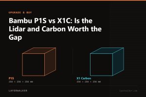 Diagram comparing build volumes at the same scale: P1S at 256 by 256 by 256 mm and X1 Carbon at 256 by 256 by 256 mm.