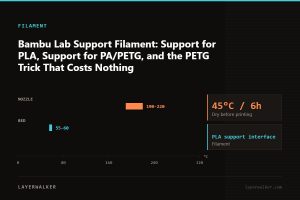 Temperature chart for PLA support interface: nozzle 190 to 220 C, bed 55 to 60 C, dry at 45 C for 6 hours.