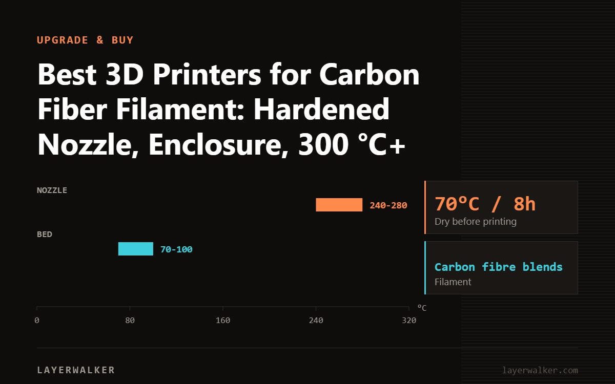 Temperature chart for Carbon fibre blends: nozzle 240 to 280 C, bed 70 to 100 C, dry at 70 C for 8 hours.