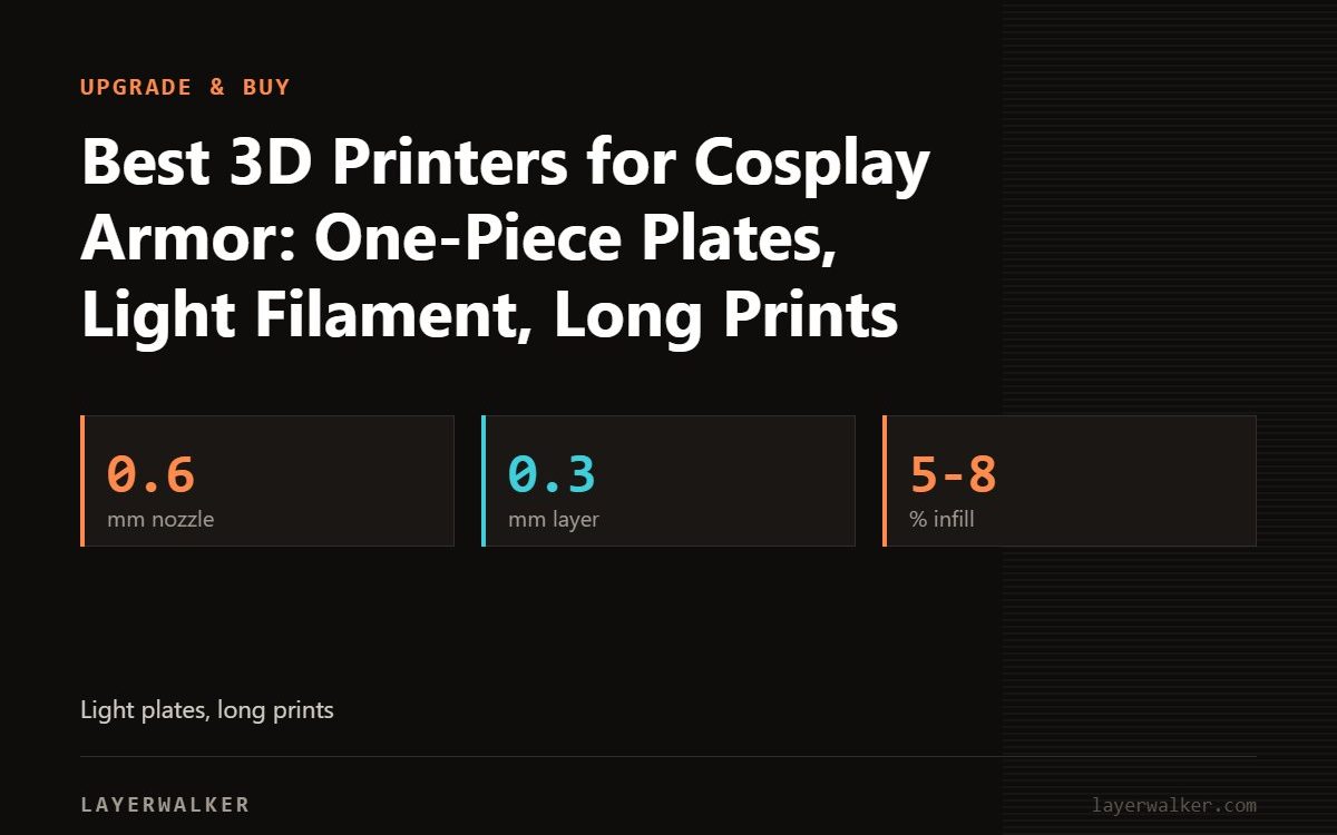 Key figures for Best 3D Printers for Cosplay Armor: One-Piece Plates, Light Filament, Long Prints: 0.6 mm nozzle, 0.3 mm layer, 5-8 % infill.
