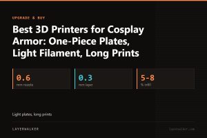 Key figures for Best 3D Printers for Cosplay Armor: One-Piece Plates, Light Filament, Long Prints: 0.6 mm nozzle, 0.3 mm layer, 5-8 % infill.