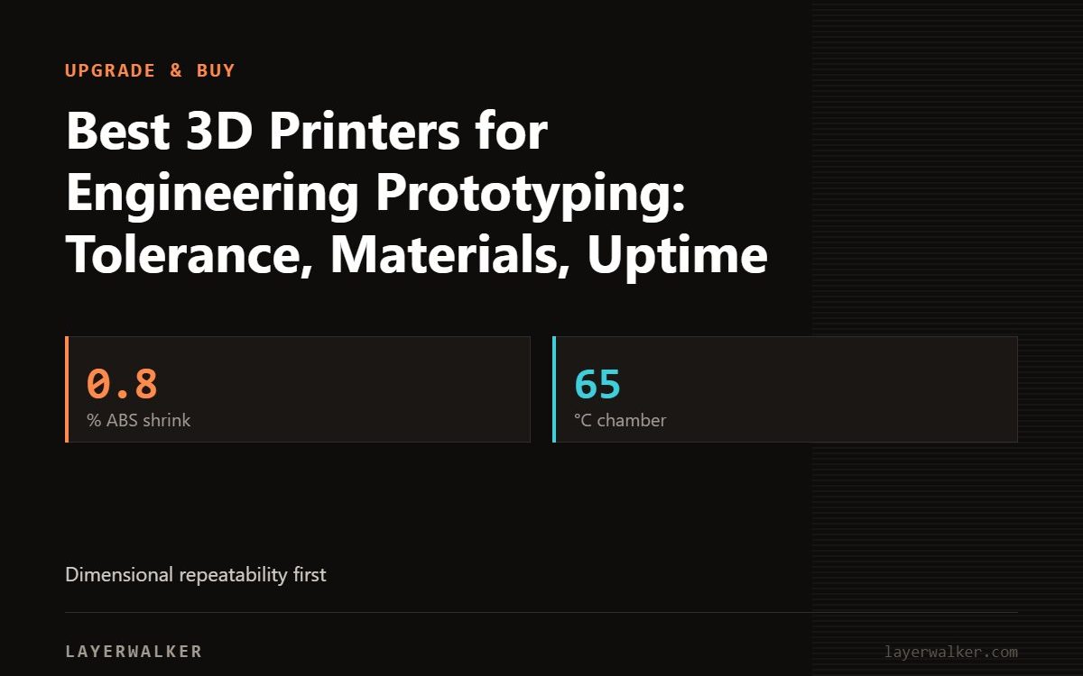 Key figures for Best 3D Printers for Engineering Prototyping: Tolerance, Materials, Uptime: 0.8 % ABS shrink, 65 °C chamber.