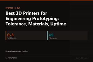 Key figures for Best 3D Printers for Engineering Prototyping: Tolerance, Materials, Uptime: 0.8 % ABS shrink, 65 °C chamber.