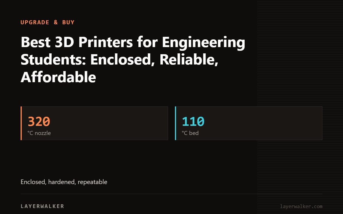 Key figures for Best 3D Printers for Engineering Students: Enclosed, Reliable, Affordable: 320 °C nozzle, 110 °C bed.