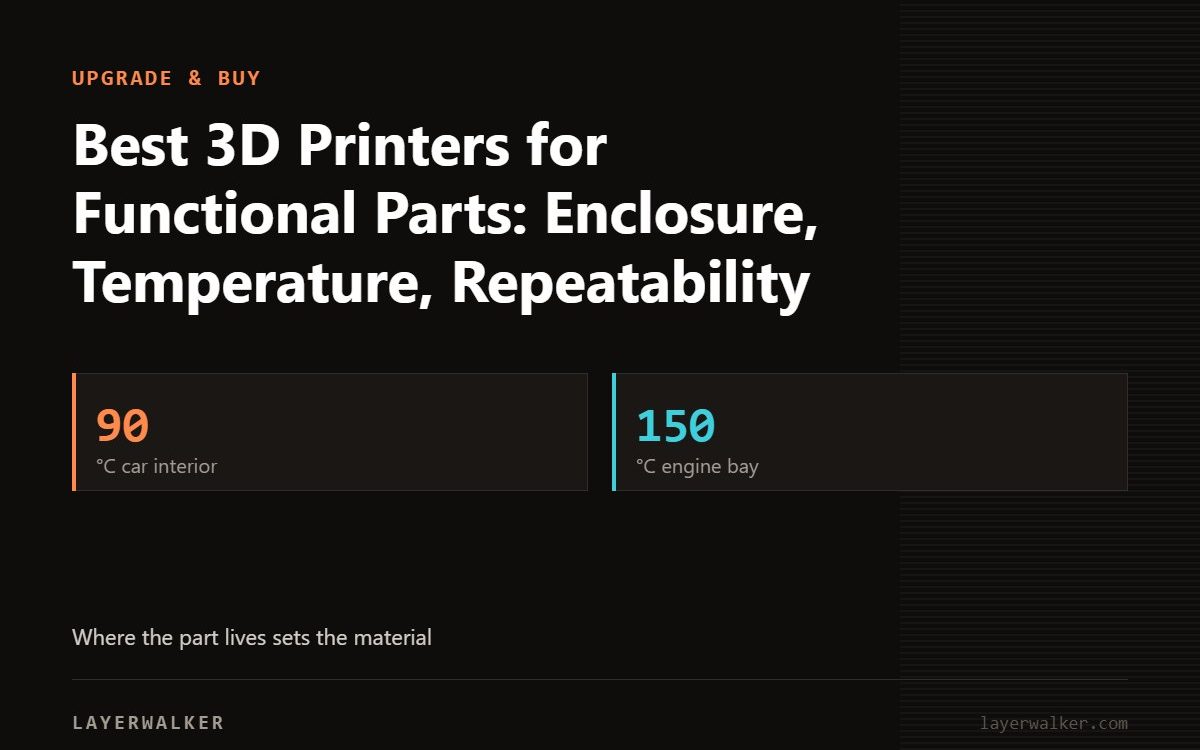 Key figures for Best 3D Printers for Functional Parts: Enclosure, Temperature, Repeatability: 90 °C car interior, 150 °C engine bay.