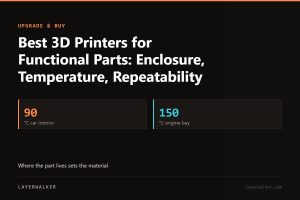 Key figures for Best 3D Printers for Functional Parts: Enclosure, Temperature, Repeatability: 90 °C car interior, 150 °C engine bay.
