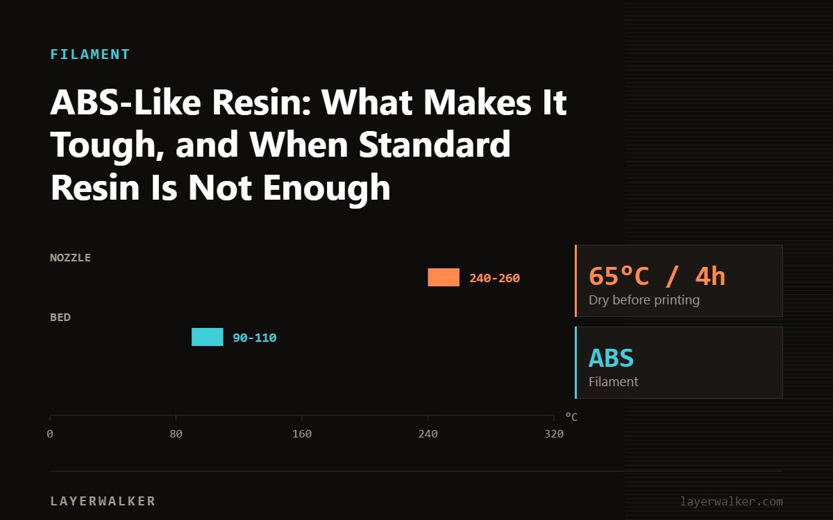 Temperature chart for ABS: nozzle 240 to 260 C, bed 90 to 110 C, dry at 65 C for 4 hours.