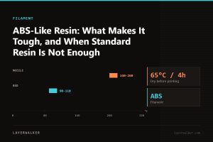 Temperature chart for ABS: nozzle 240 to 260 C, bed 90 to 110 C, dry at 65 C for 4 hours.