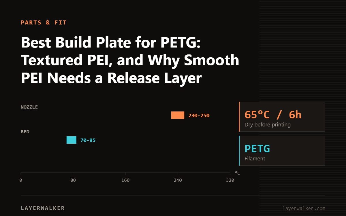 Temperature chart for PETG: nozzle 230 to 250 C, bed 70 to 85 C, dry at 65 C for 6 hours.