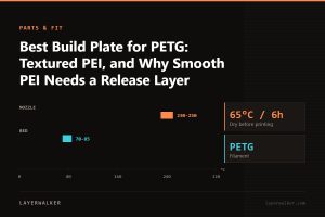 Temperature chart for PETG: nozzle 230 to 250 C, bed 70 to 85 C, dry at 65 C for 6 hours.