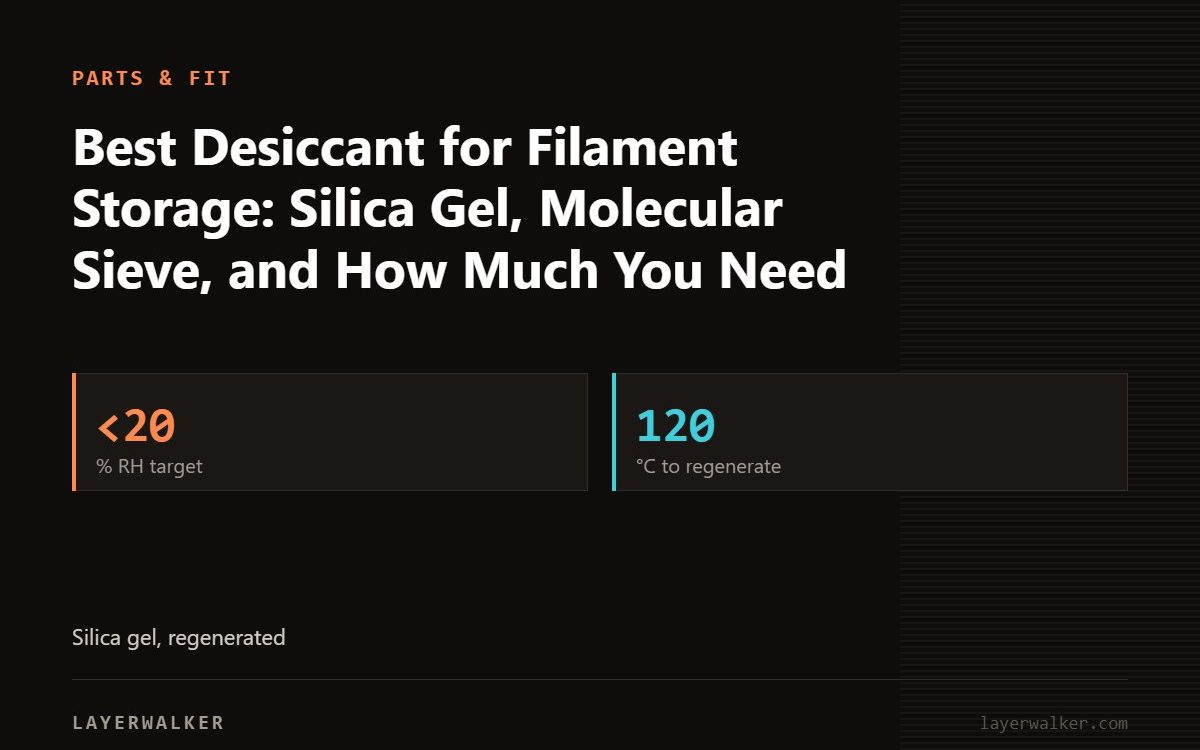 Key figures for Best Desiccant for Filament Storage: Silica Gel, Molecular Sieve, and How Much You Need: <20 % RH target, 120 °C to regenerate.