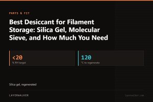 Key figures for Best Desiccant for Filament Storage: Silica Gel, Molecular Sieve, and How Much You Need: <20 % RH target, 120 °C to regenerate.