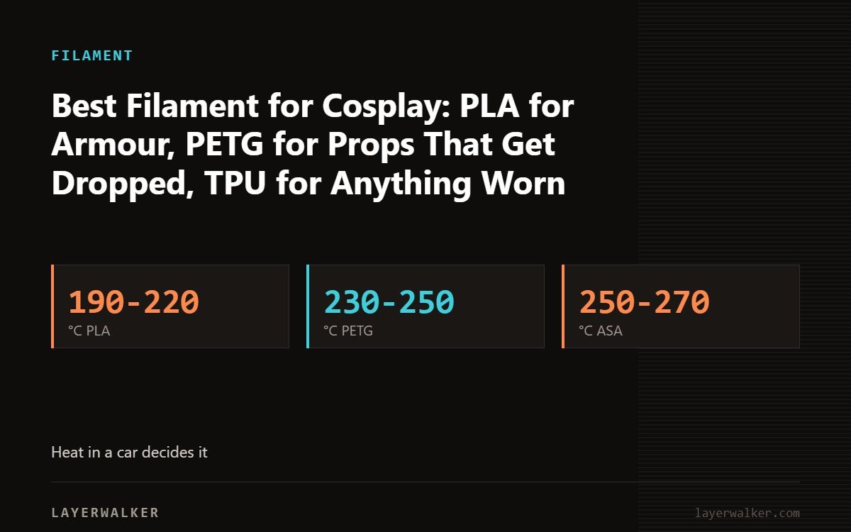 Key figures for Best Filament for Cosplay: PLA for Armour, PETG for Props That Get Dropped, TPU for Anything Worn: 190-220 °C PLA, 230-250 °C PETG, 250-270 °C ASA.