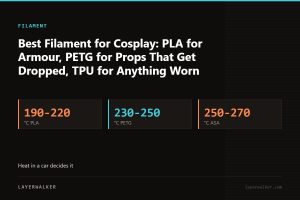 Key figures for Best Filament for Cosplay: PLA for Armour, PETG for Props That Get Dropped, TPU for Anything Worn: 190-220 °C PLA, 230-250 °C PETG, 250-270 °C ASA.