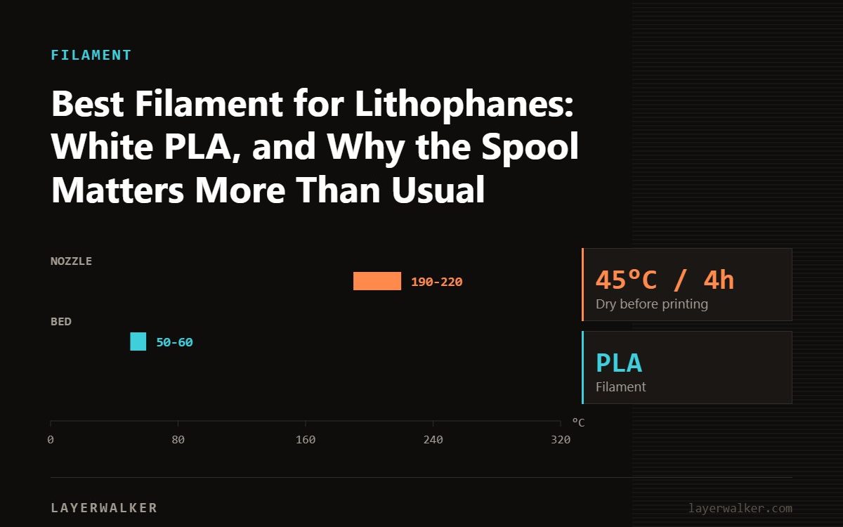 Temperature chart for PLA: nozzle 190 to 220 C, bed 50 to 60 C, dry at 45 C for 4 hours.