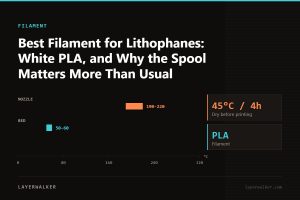 Temperature chart for PLA: nozzle 190 to 220 C, bed 50 to 60 C, dry at 45 C for 4 hours.