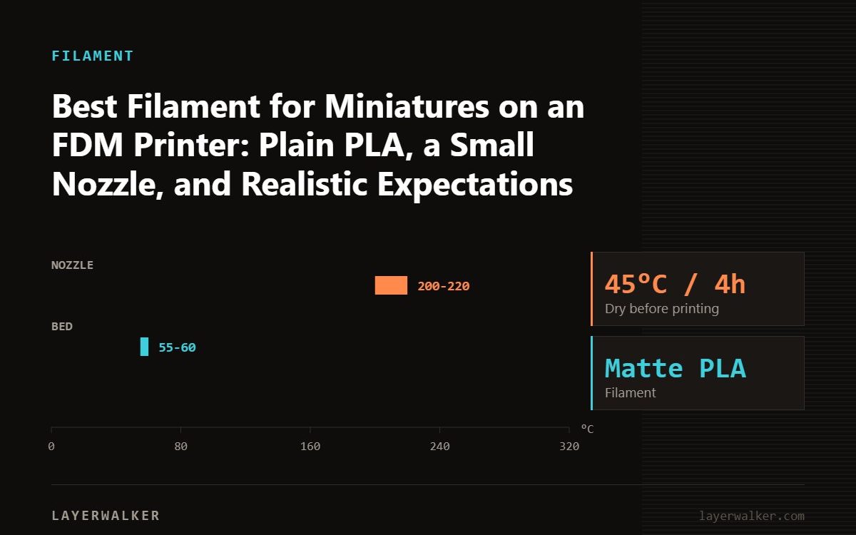 Temperature chart for Matte PLA: nozzle 200 to 220 C, bed 55 to 60 C, dry at 45 C for 4 hours.