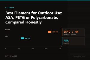 Temperature chart for ASA: nozzle 250 to 270 C, bed 90 to 110 C, dry at 65 C for 4 hours.