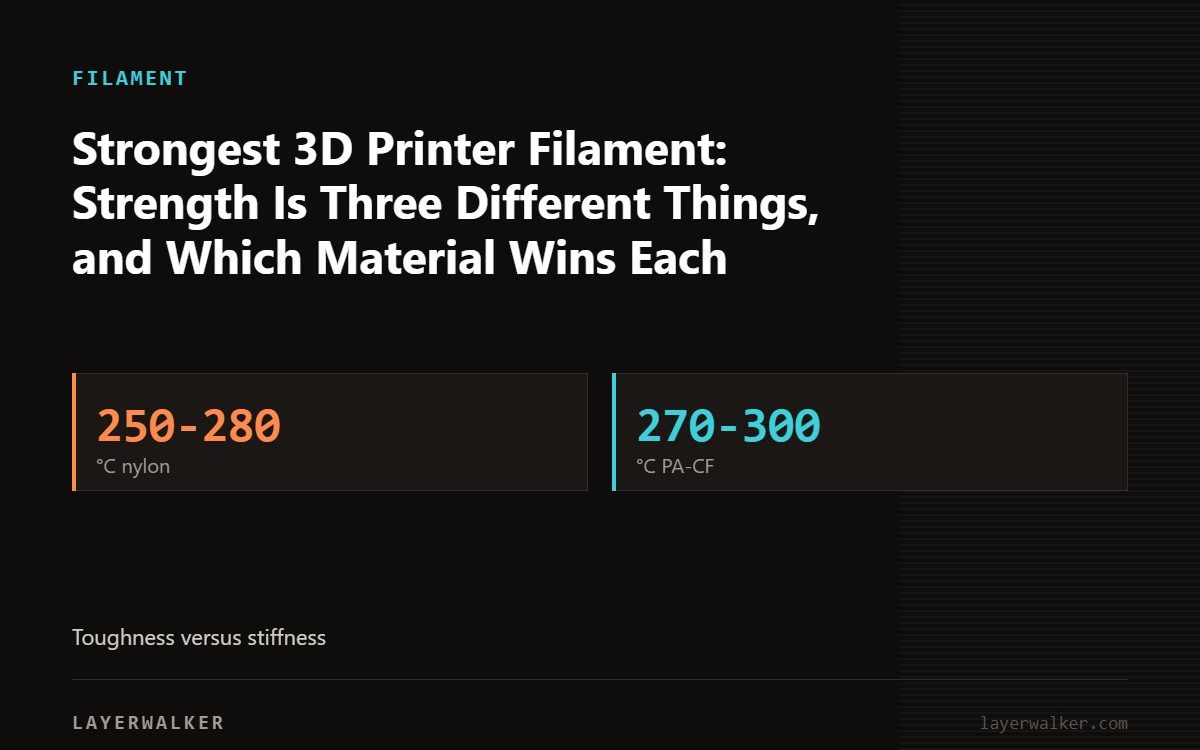 Key figures for Strongest 3D Printer Filament: Strength Is Three Different Things, and Which Material Wins Each: 250-280 °C nylon, 270-300 °C PA-CF.