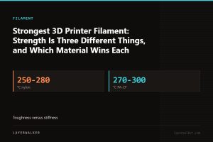 Key figures for Strongest 3D Printer Filament: Strength Is Three Different Things, and Which Material Wins Each: 250-280 °C nylon, 270-300 °C PA-CF.