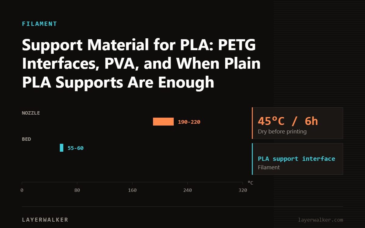 Temperature chart for PLA support interface: nozzle 190 to 220 C, bed 55 to 60 C, dry at 45 C for 6 hours.