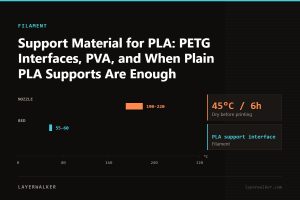 Temperature chart for PLA support interface: nozzle 190 to 220 C, bed 55 to 60 C, dry at 45 C for 6 hours.