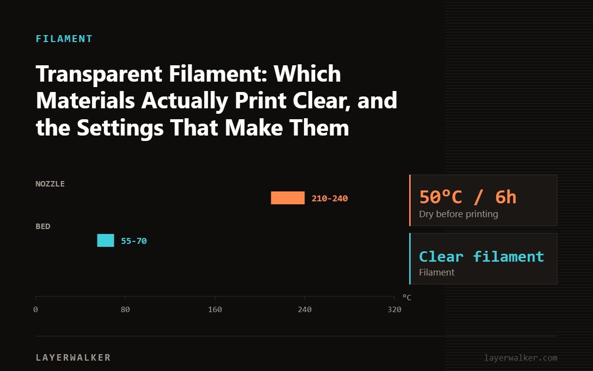 Temperature chart for Clear filament: nozzle 210 to 240 C, bed 55 to 70 C, dry at 50 C for 6 hours.