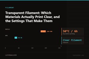 Temperature chart for Clear filament: nozzle 210 to 240 C, bed 55 to 70 C, dry at 50 C for 6 hours.