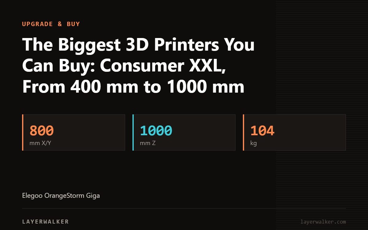 Key figures for The Biggest 3D Printers You Can Buy: Consumer XXL, From 400 mm to 1000 mm: 800 mm X/Y, 1000 mm Z, 104 kg.