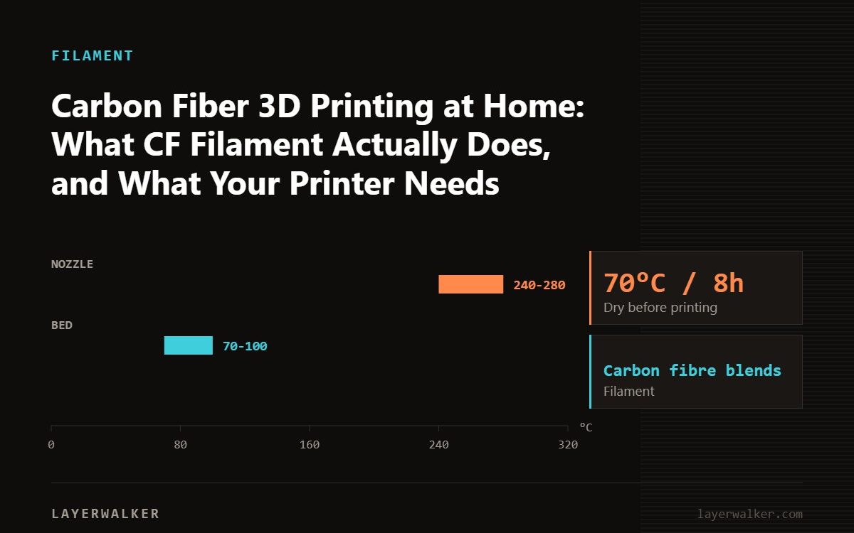 Temperature chart for Carbon fibre blends: nozzle 240 to 280 C, bed 70 to 100 C, dry at 70 C for 8 hours.