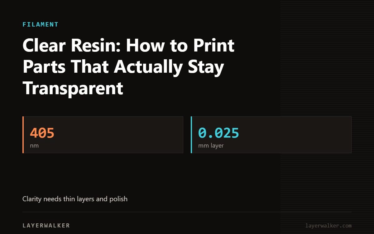 Key figures for Clear Resin: How to Print Parts That Actually Stay Transparent: 405 nm, 0.025 mm layer.