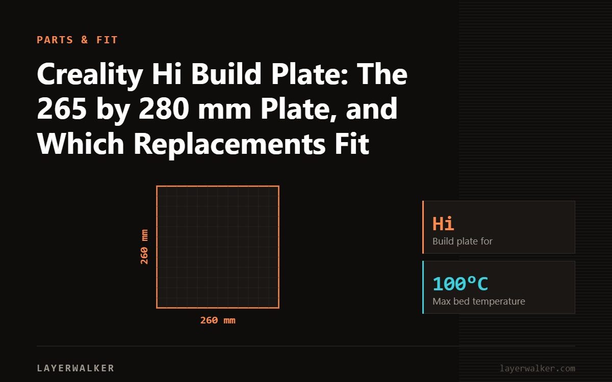Diagram: build plate for the Hi, 260 by 260 mm, max bed temperature 100 C.