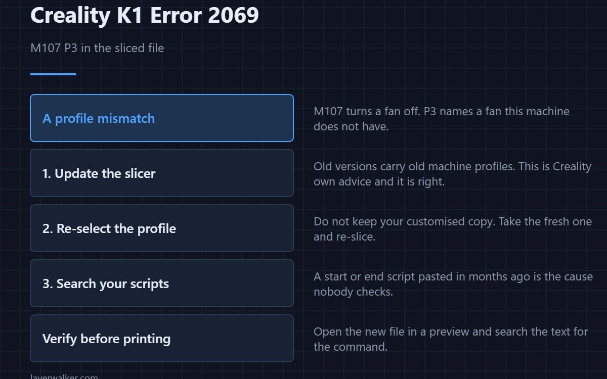 Creality K1 Error 2069 — M107 P3 in the sliced file