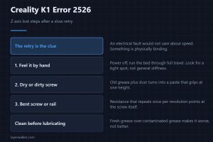 Creality K1 Error 2526 — Z axis lost steps after a slow retry