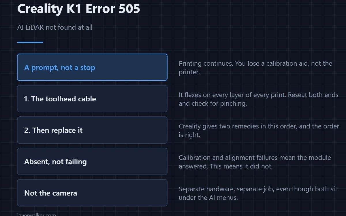 Creality K1 Error 505 — AI LiDAR not found at all
