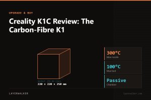 Diagram: K1C build volume 220 by 220 by 250 mm against a 256 mm class reference, with max nozzle 300 C and max bed 100 C.