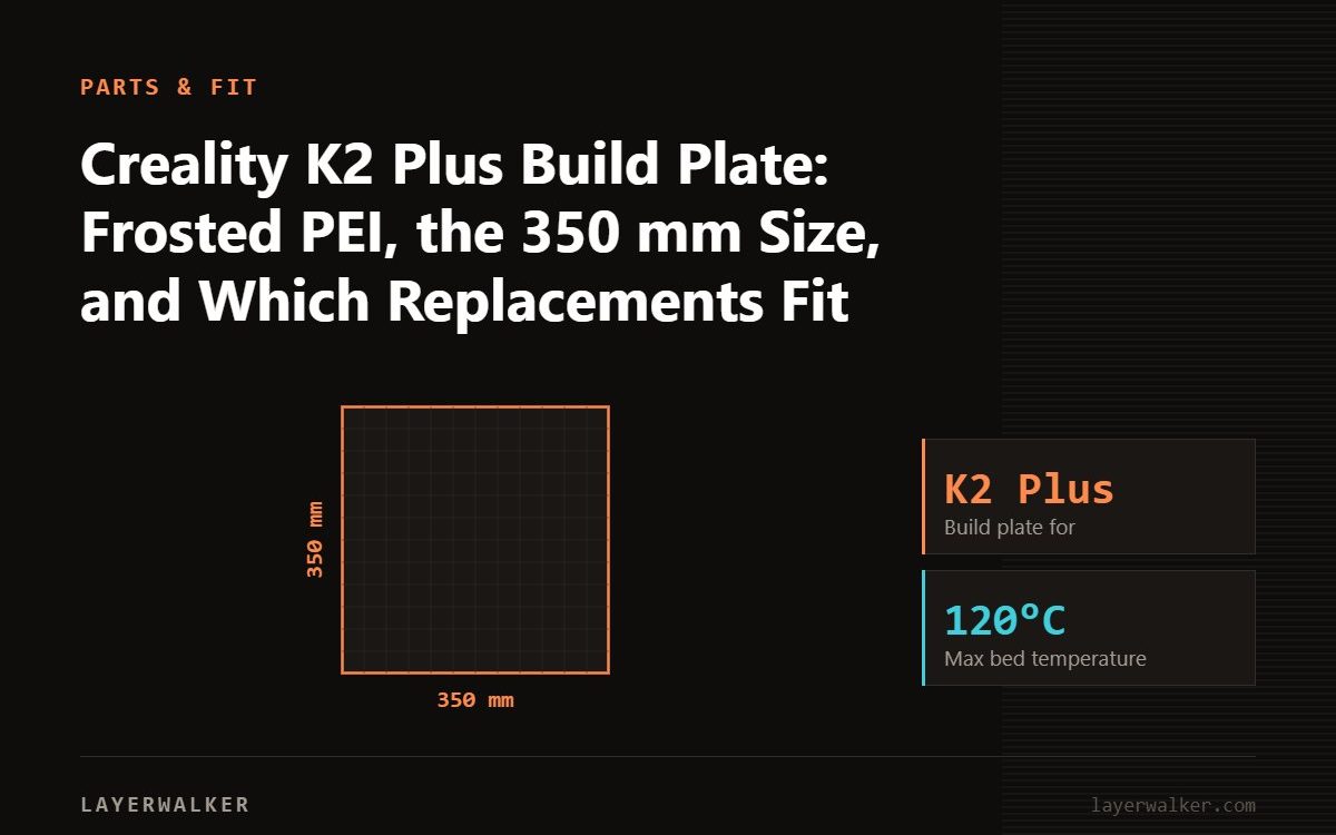 Diagram: build plate for the K2 Plus, 350 by 350 mm, max bed temperature 120 C.