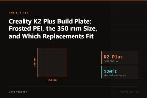 Diagram: build plate for the K2 Plus, 350 by 350 mm, max bed temperature 120 C.